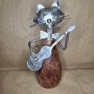 Pier 1 Cat Playing Guitar Decor One Size Brown Silver, *flaws, rust*